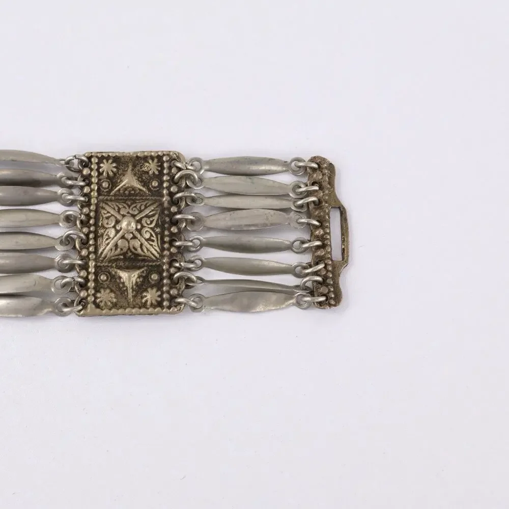 Vintage‎ Sterling Silver Mexico Panel Bracelet Wide Tribal Ethnic Link Cuff 8”